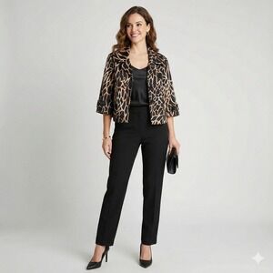Patrick Christopher Cropped Jacket Women M Black Tan Giraffe Print Animal Blazer